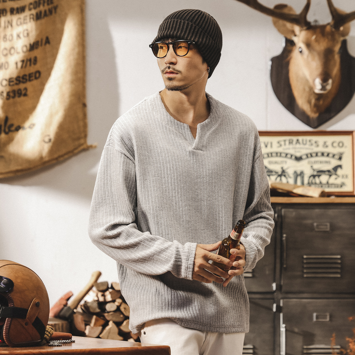 美式復古330g重磅t恤男長袖秋季新款高級感提花針織衛衣男士上衣