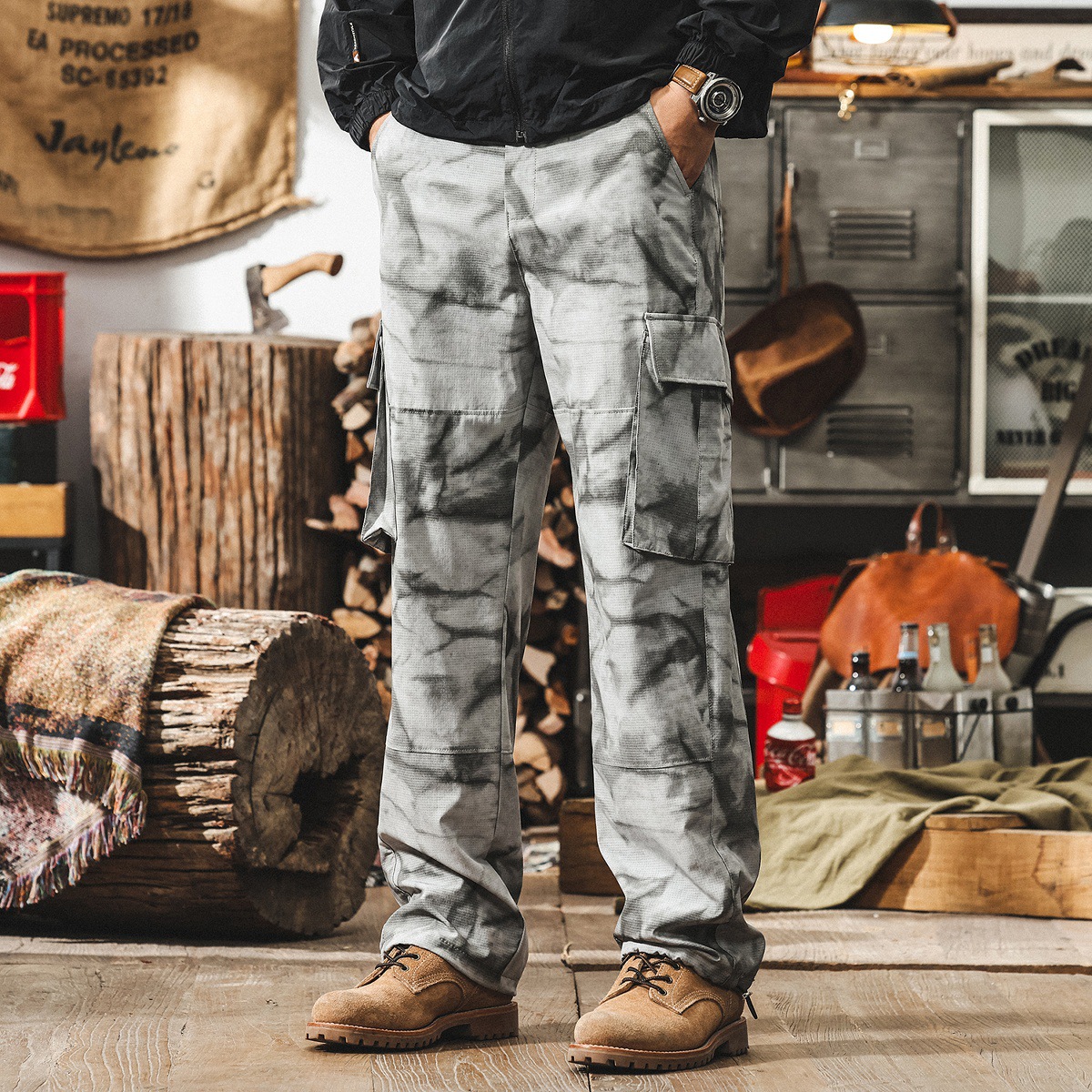 美式戶外冰絲薄款迷彩工裝褲男2025新款夏季寬鬆直筒速干休閒褲子