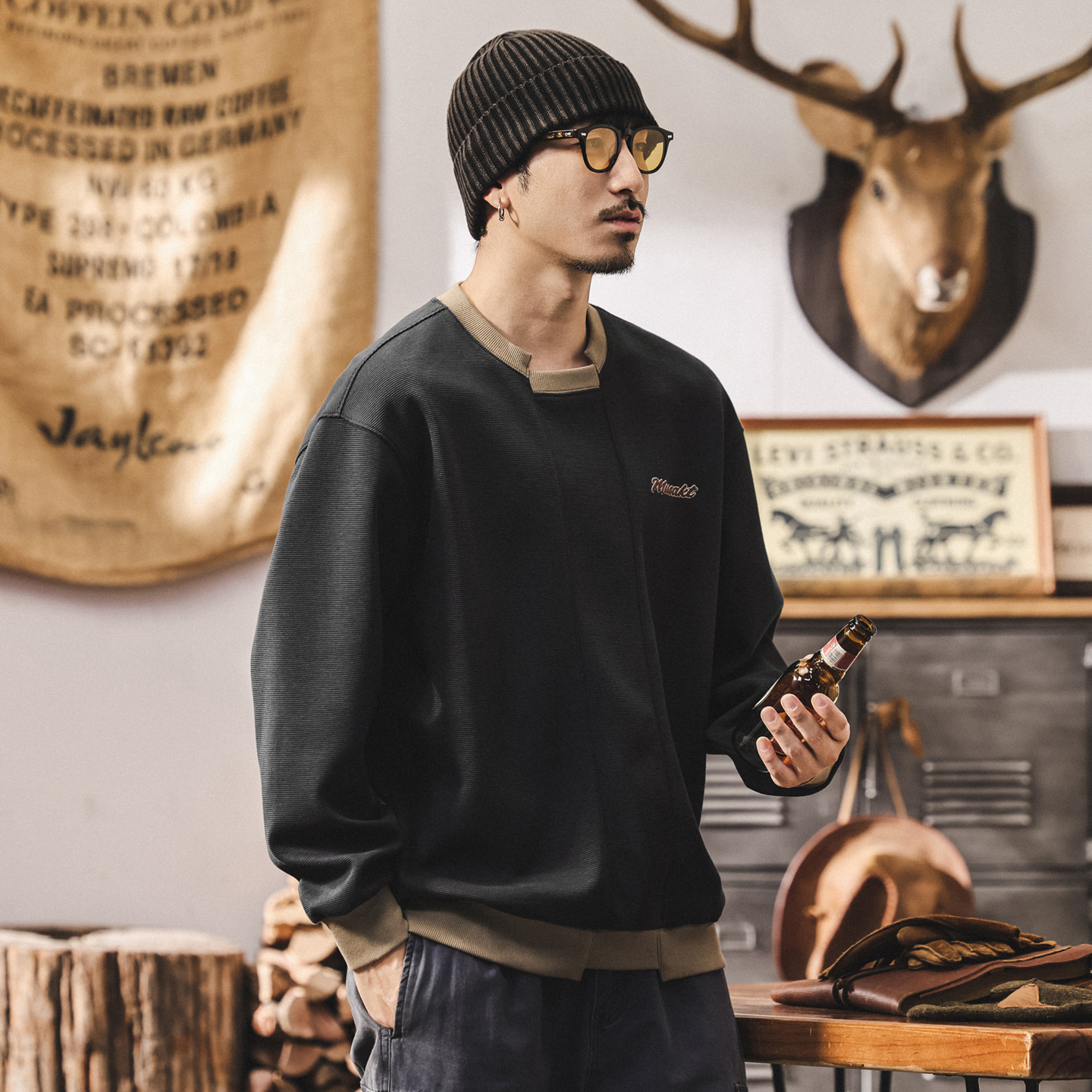 美式復古潮流字母刺繡衛衣男士秋季新款潮牌拼接重磅寬鬆長袖上衣