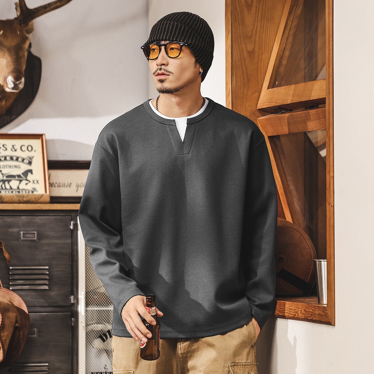 美式復古假兩件衛衣男秋季新款寬鬆大碼潮牌380g重磅T恤男士上衣