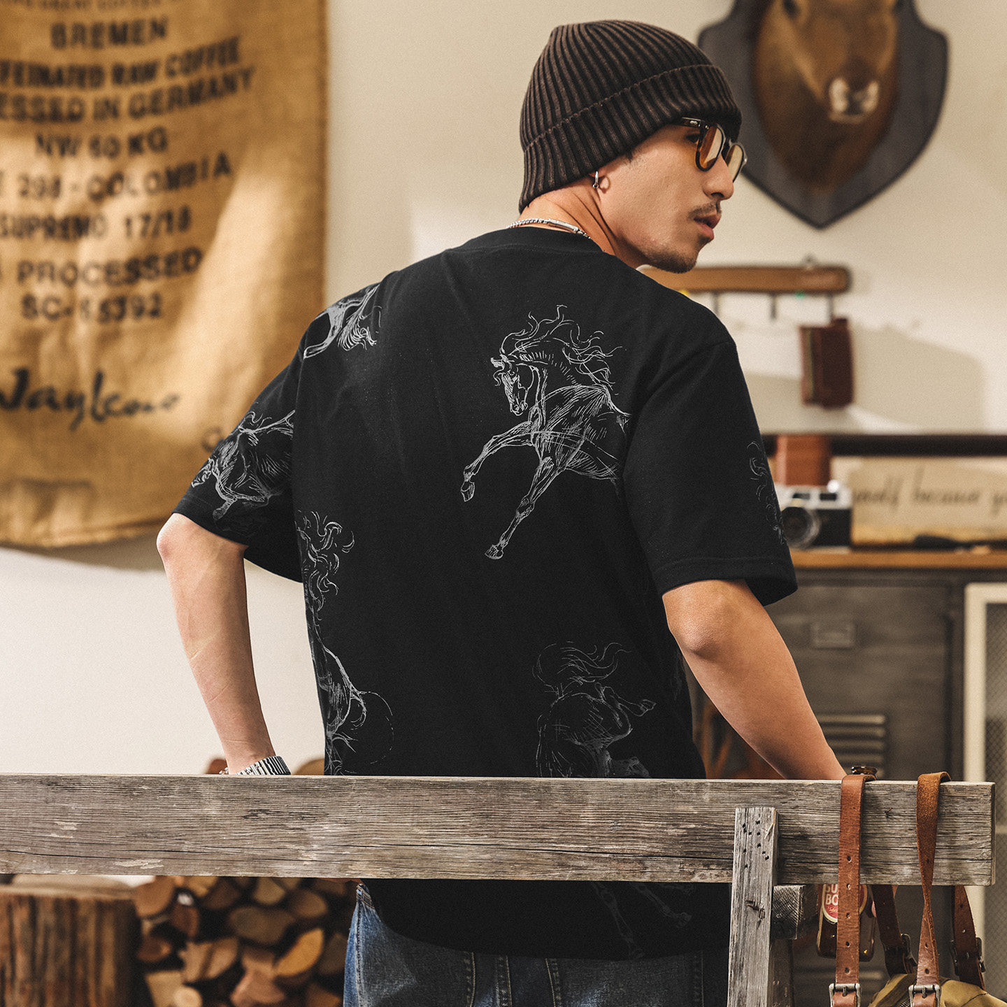 美式復古馬年亞麻T恤男夏季短袖2026新款潮流印花半袖寬鬆上衣男