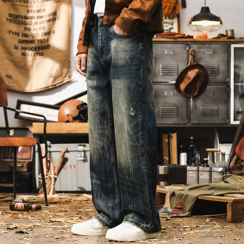 美式經典重磅牛仔褲男秋季2024新款復古水洗寬鬆直筒男士休閒長褲