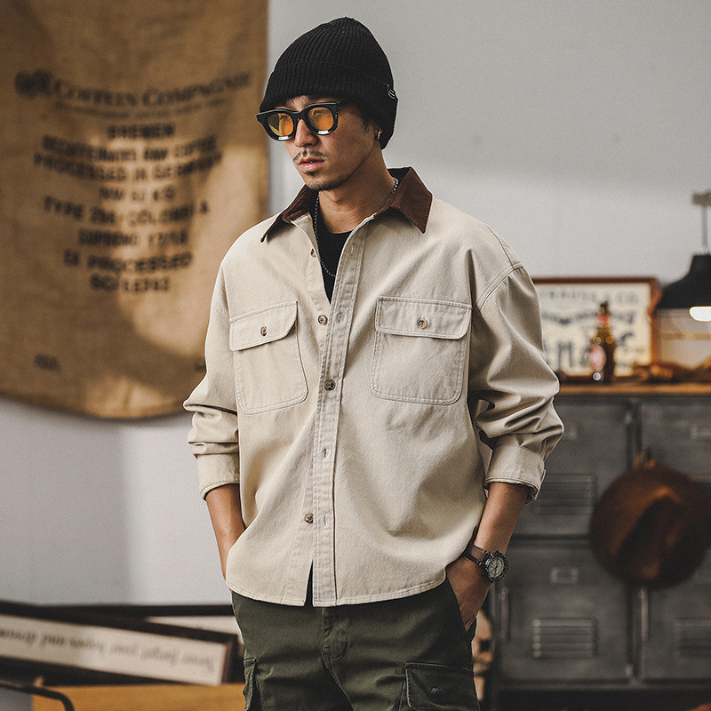 美式復古工裝襯衫男長袖寬鬆潮牌硬漢獵裝夾克男春季襯衣男士外套