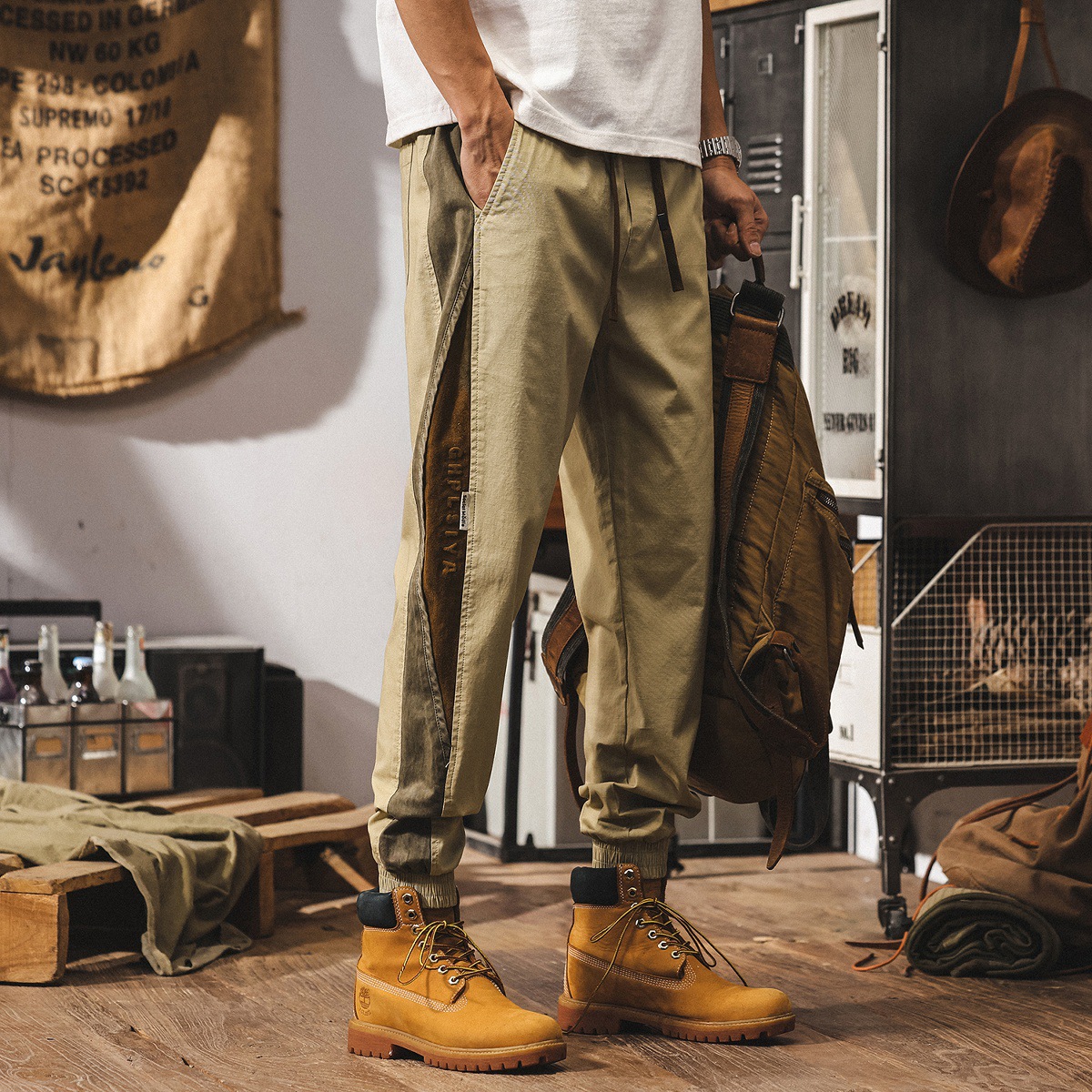 美式復古拼色設計工裝褲子男款夏季潮牌寬鬆直筒卡其色男士休閒褲