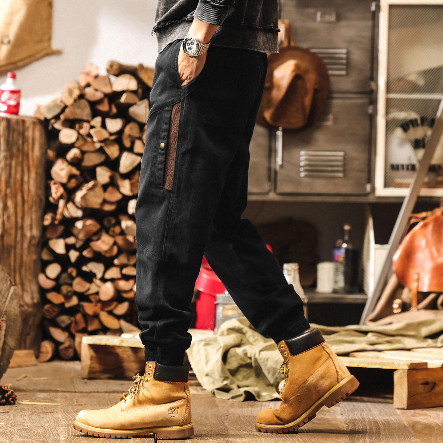 美式復古重磅黑色工裝褲子男2025秋季寬鬆新款拼接束腳男士休閒褲