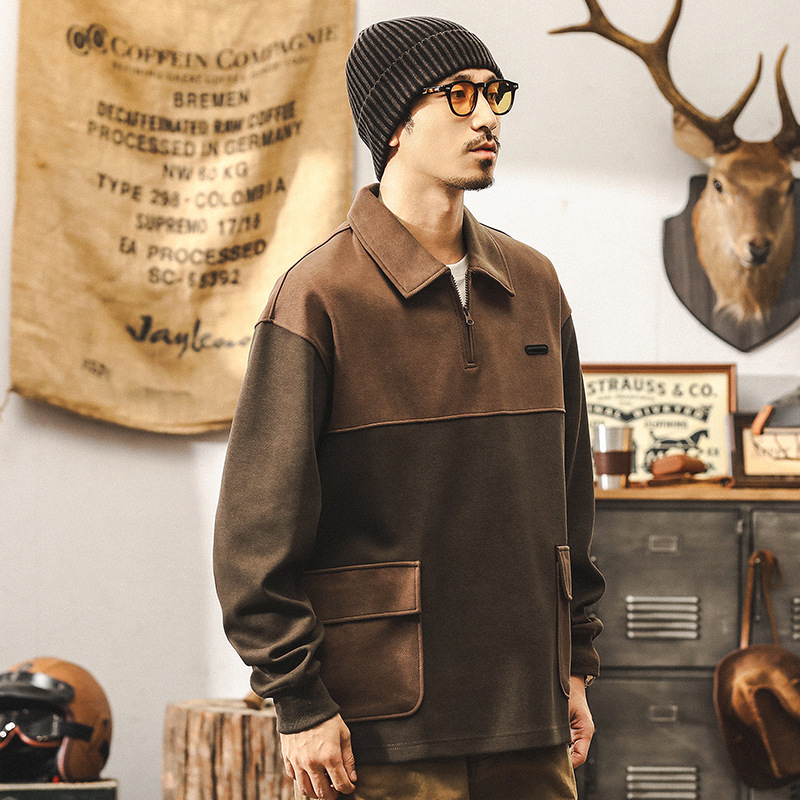 美式復古重磅衛衣男秋季潮牌撞色拼接上衣寬鬆大碼POLO衫男秋冬款