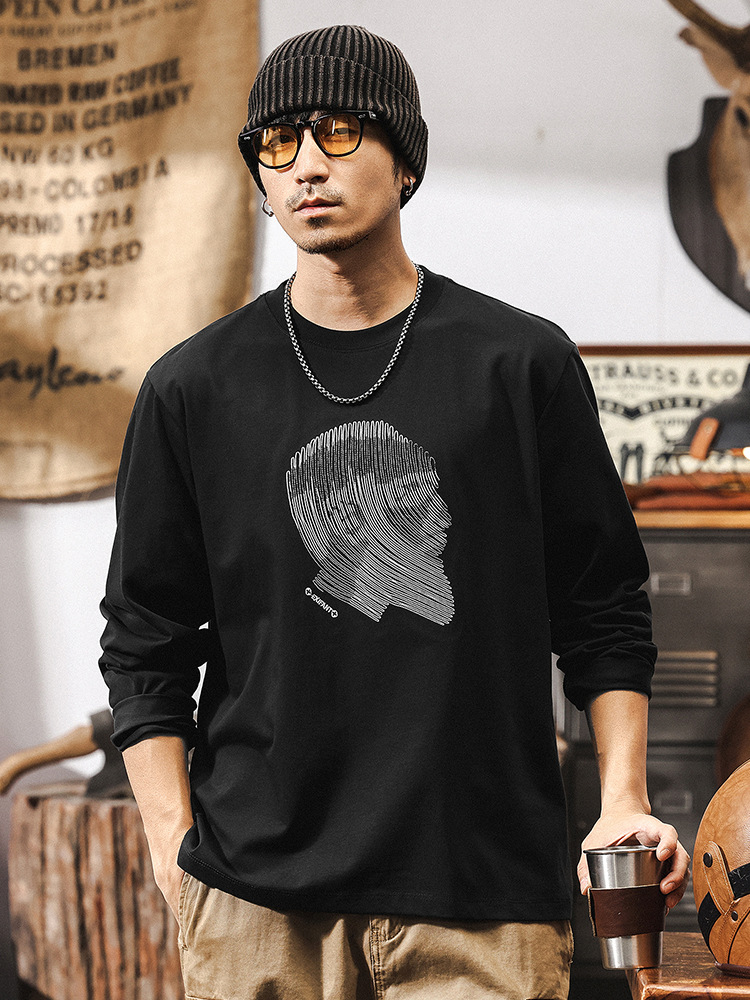 美式復古設計感重磅T恤男長袖春季寬鬆上衣男2025新款休閒圓領衫