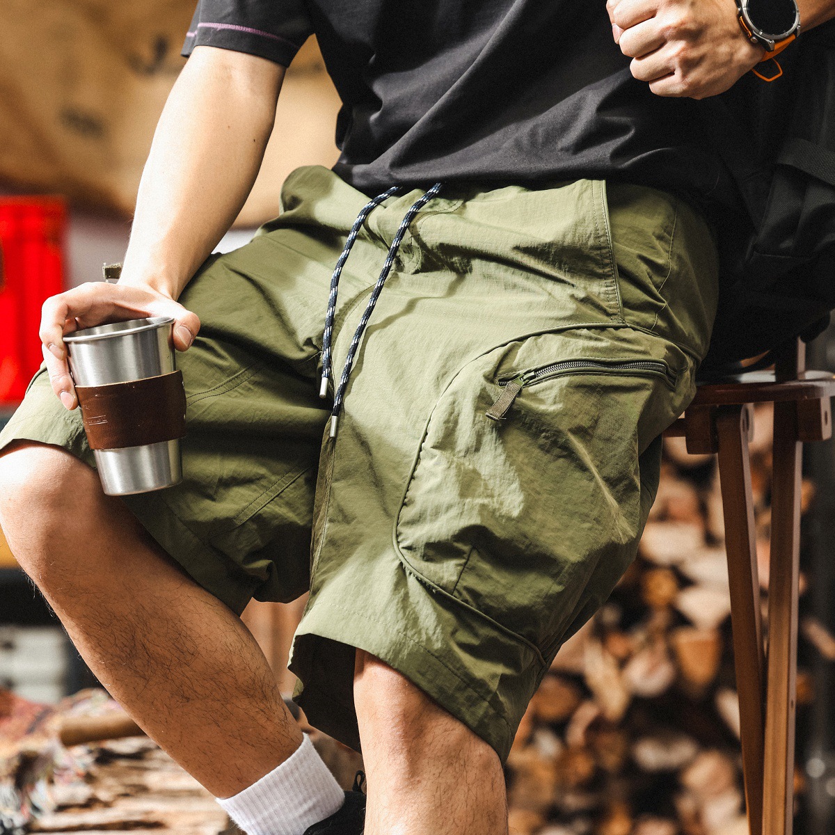 冰絲涼感薄款卡其色工裝短褲男夏季潮牌戶外機能速幹寬鬆五分褲男