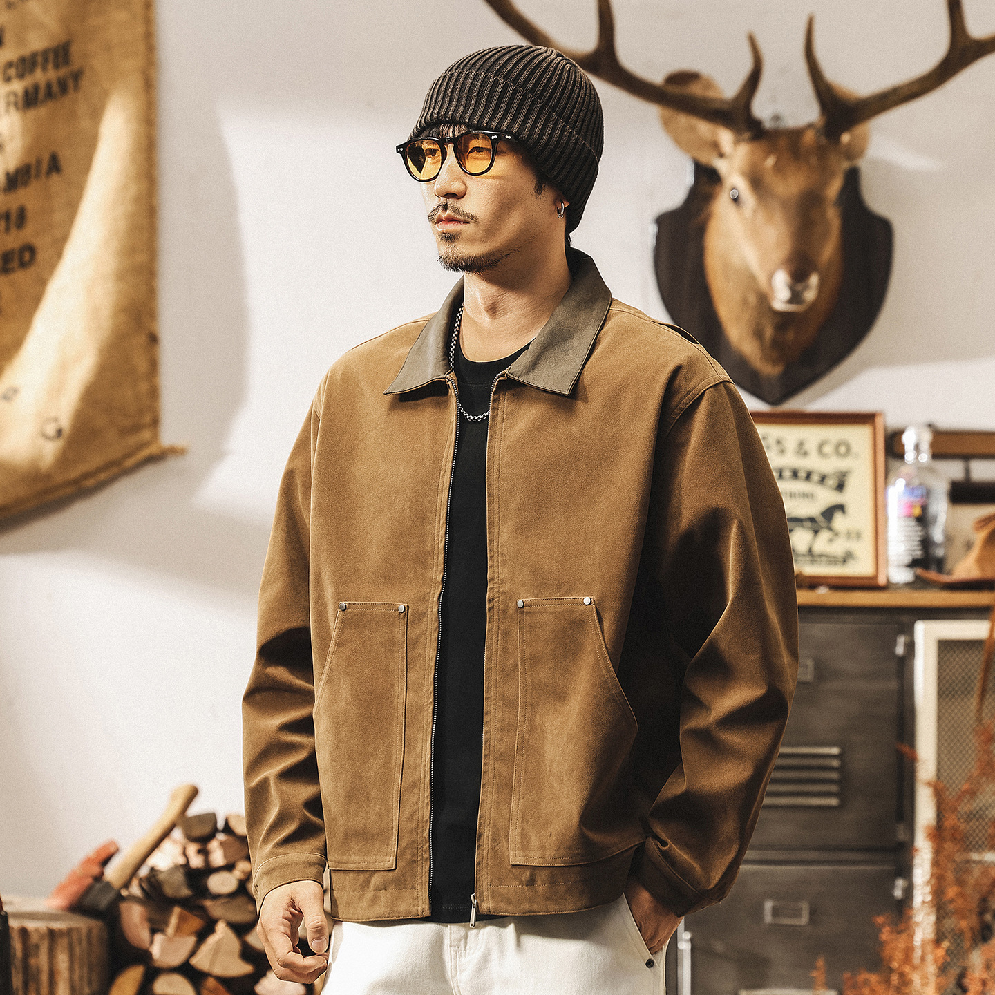 美式復古反絨皮外套男秋春款寬鬆潮牌帥氣工裝機車皮衣夾克男秋季