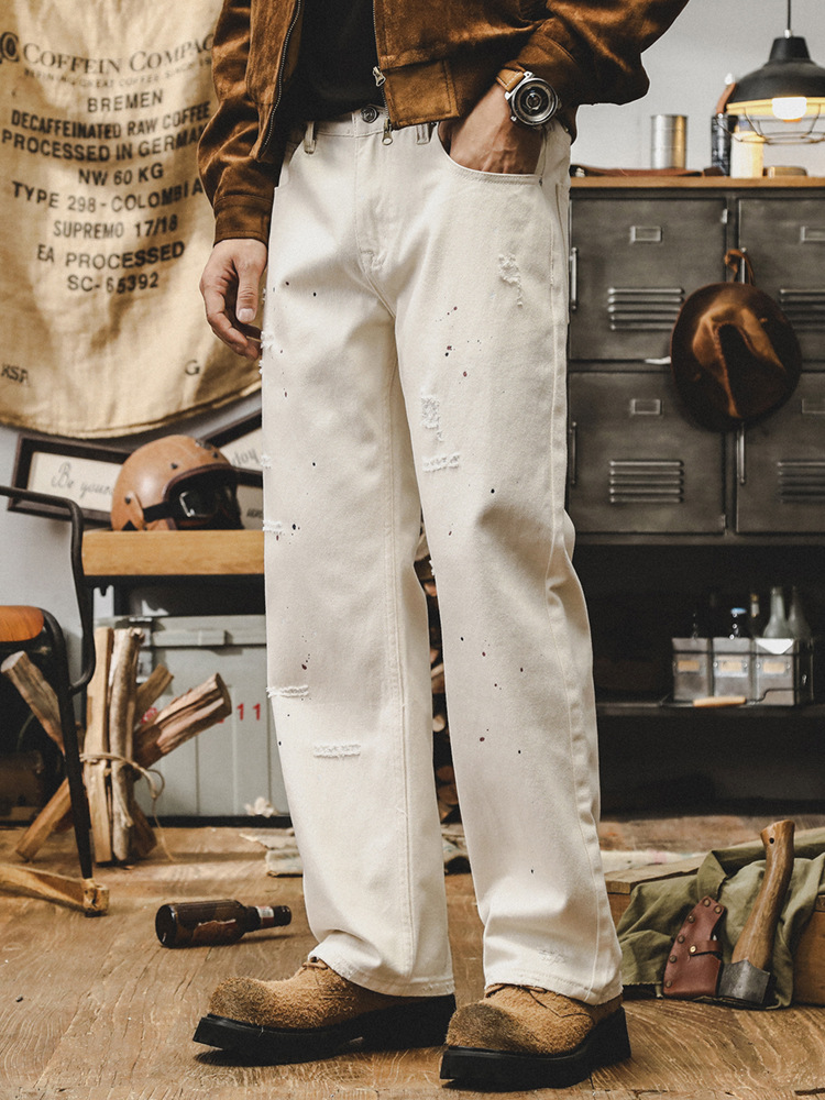 美式潮牌潑墨直筒牛仔褲男秋季寬松破洞休閑潮流白色褲子男春秋款