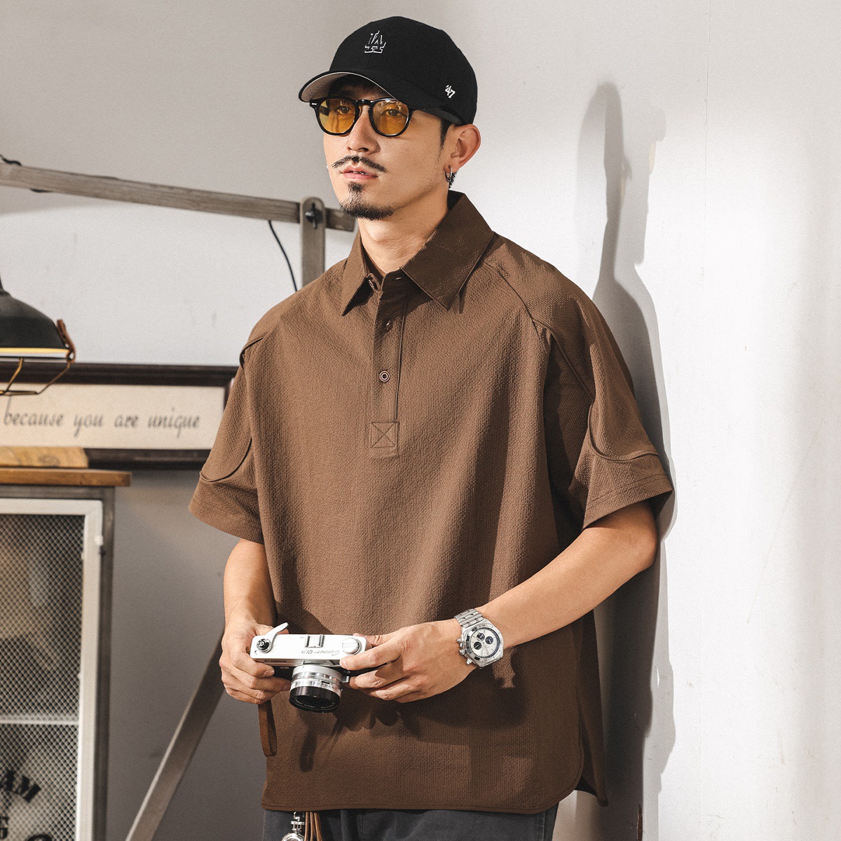 美拉德復古涼感速幹短袖男士Polo衫夏季潮牌高級感泡泡紗寬鬆上衣