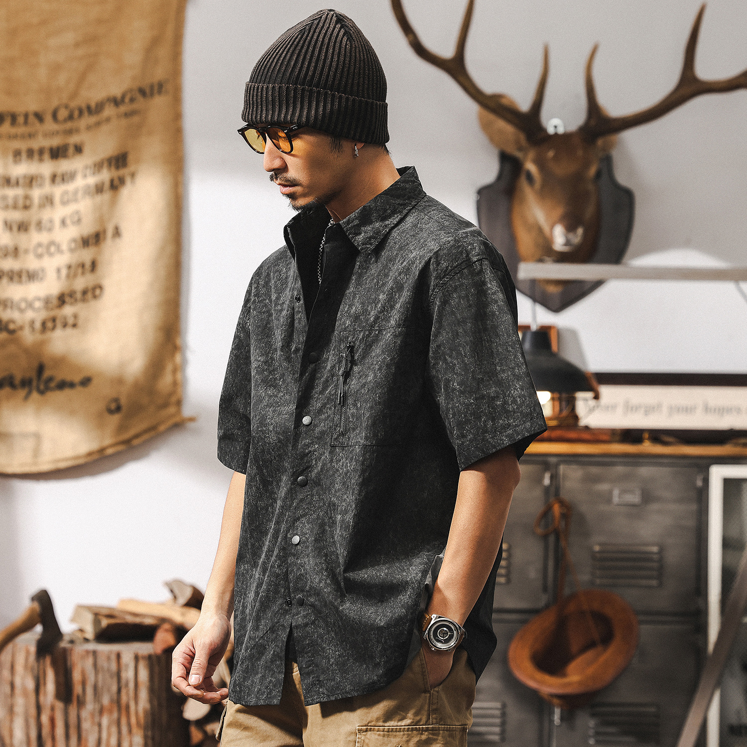 美式復古山系戶外薄款工裝短袖襯衫男夏季2025新款寬鬆休閒襯衣男