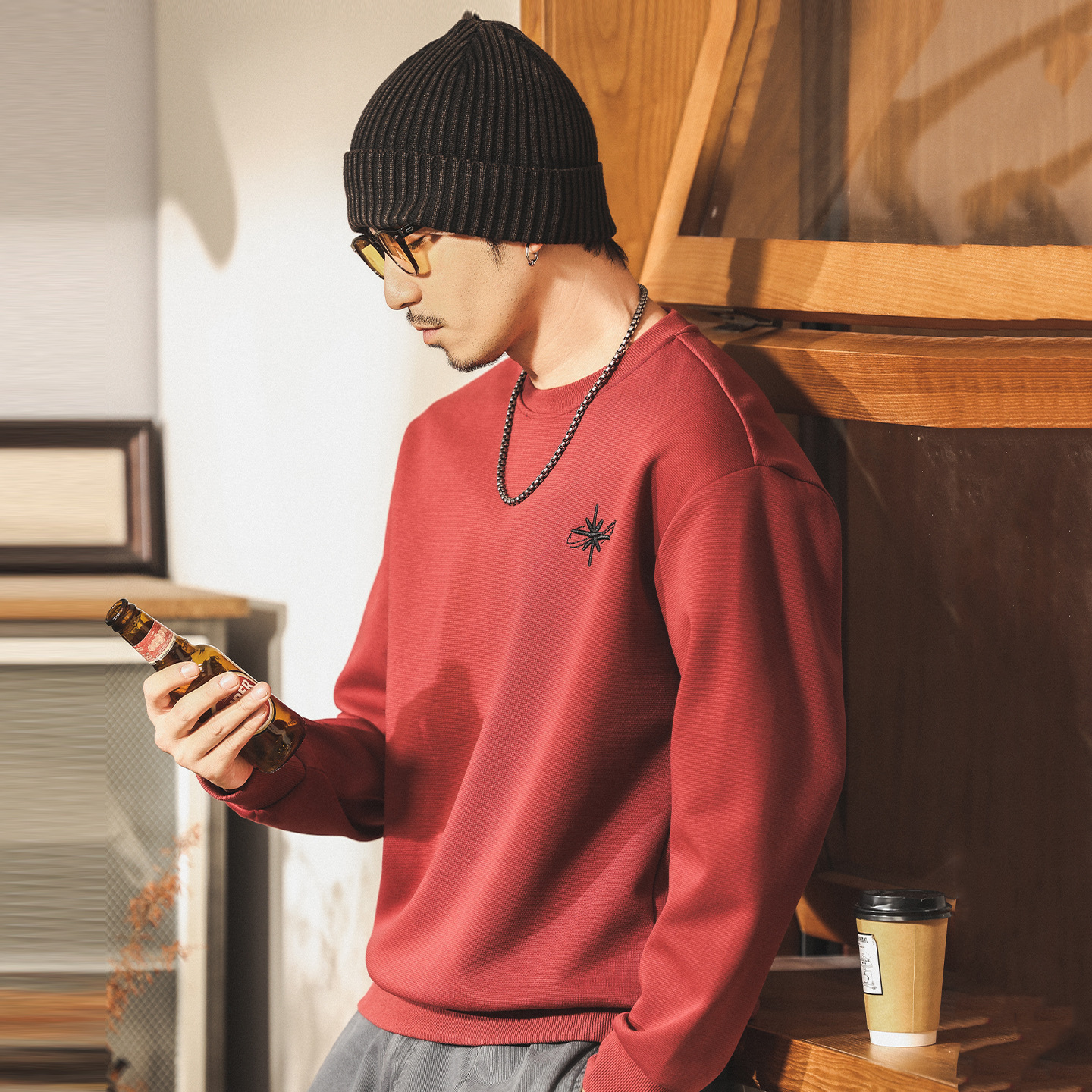 美式復古重磅衛衣男春秋2025新款刺繡潮牌長袖t恤男寬鬆大碼上衣T