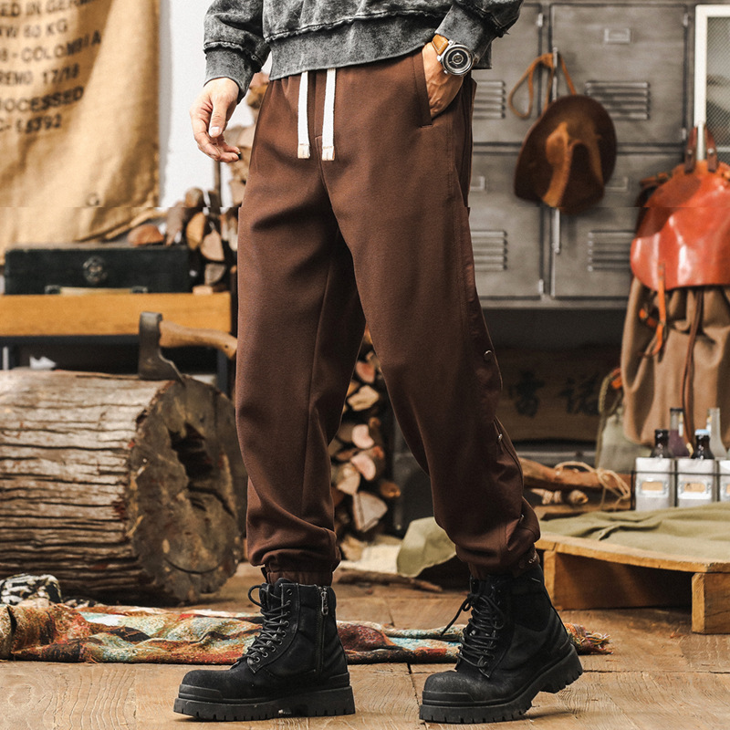 美式復古黑色工裝褲子男秋季2024新款潮牌運動排扣束腳男士休閒褲