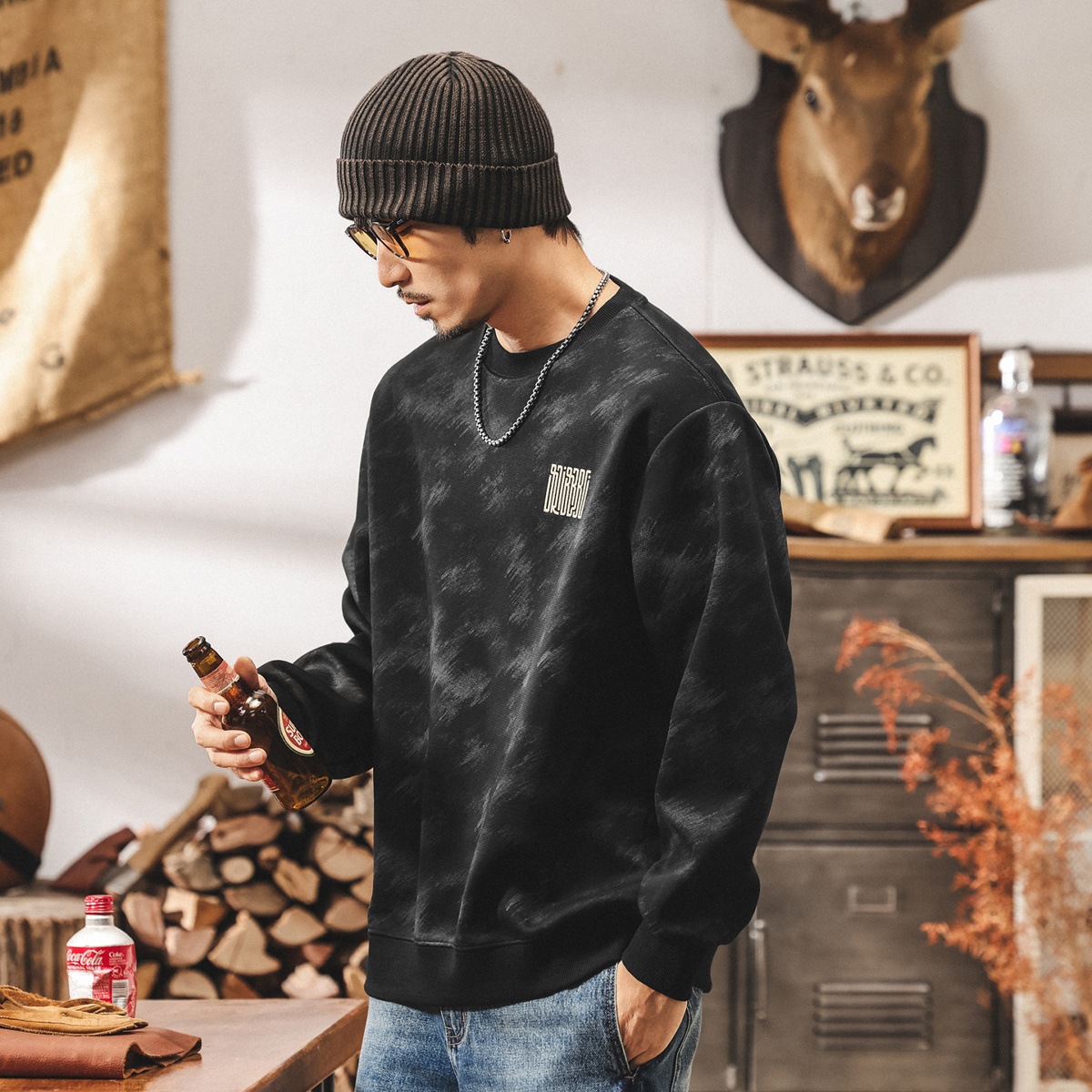 美式復古重磅圓領衛衣男春秋2025新款潮牌百搭寬鬆大碼休閒上衣男