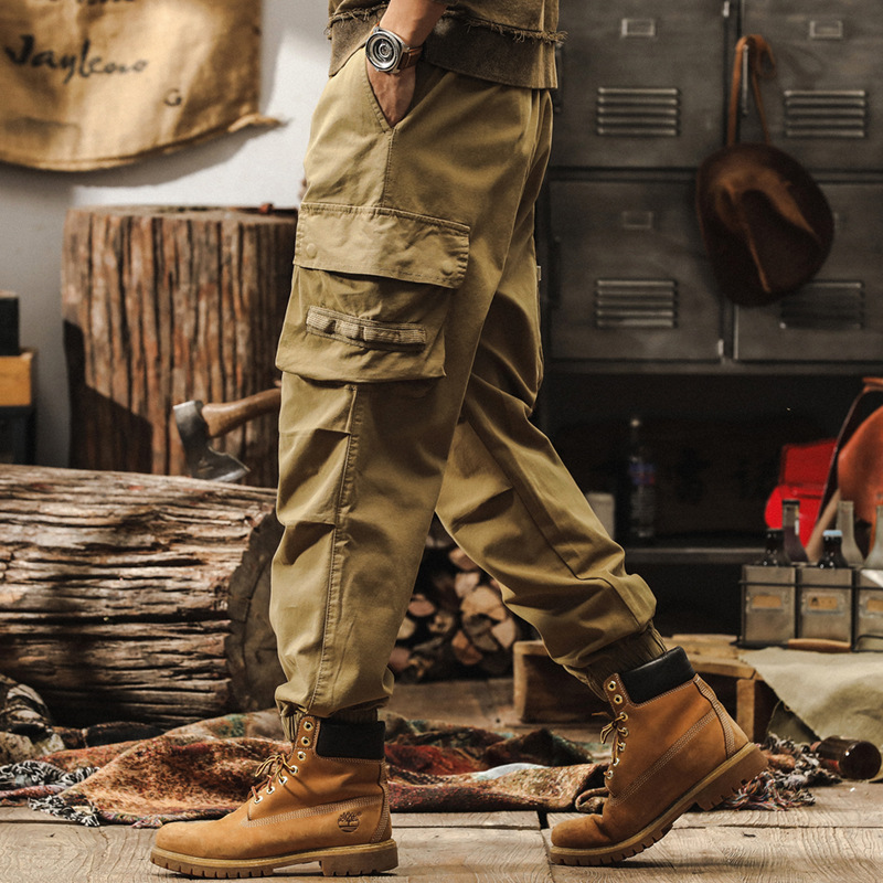 美式復古卡其色工裝褲子男秋季重磅寬鬆休閒褲硬漢獵裝機能束腳褲