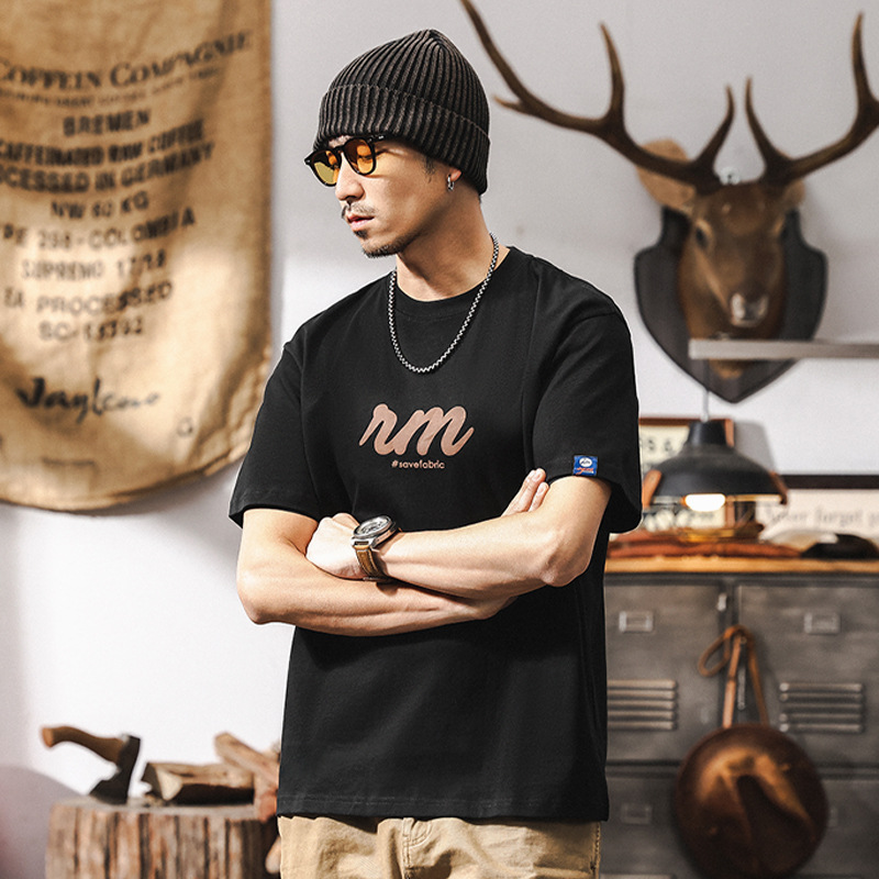 32支雙紗短袖男T恤夏季美式復古寬鬆潮牌字母印花休閒上衣男純棉T