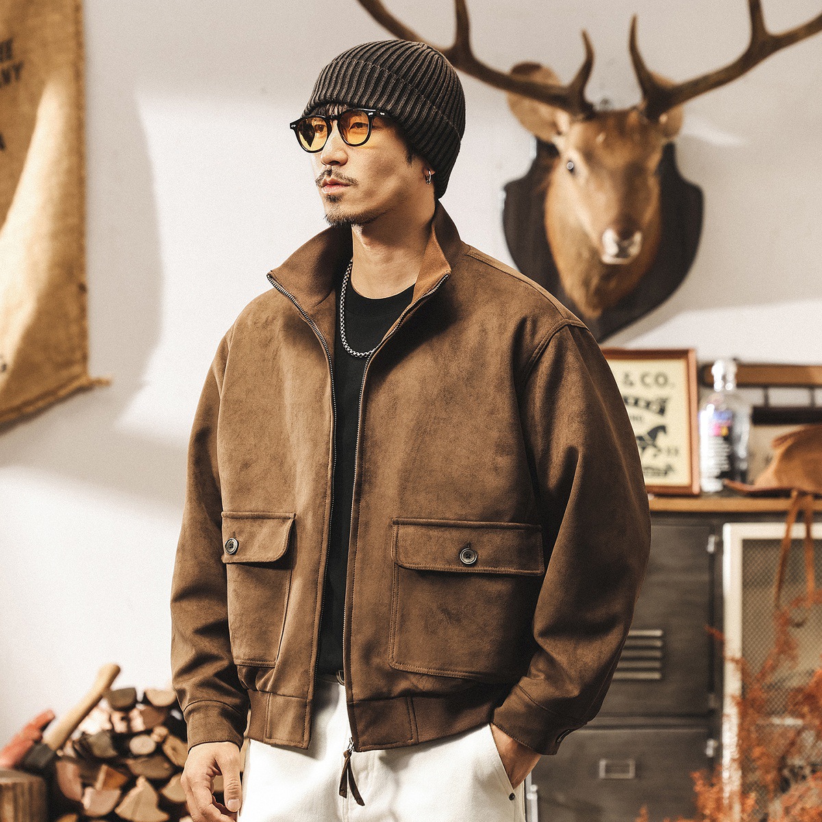 美式重磅復古麂皮絨外套男春秋美拉德古着寬鬆機車立領工裝夾克男