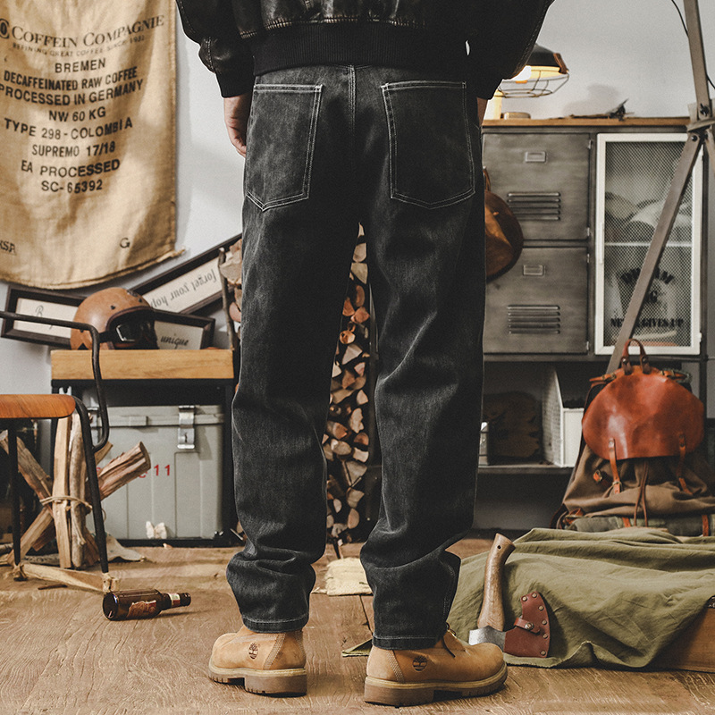 美式重磅石磨炒洗複古牛仔褲男秋季寬松直筒2024新款休閑長褲子男