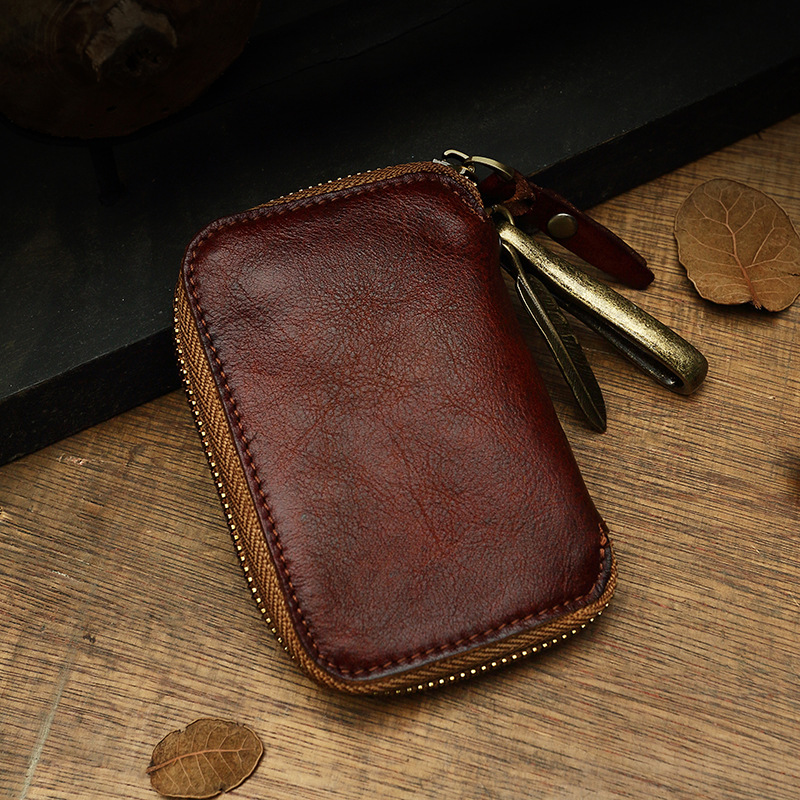 手工牛皮男士真皮鑰匙包個性潮牌真皮零錢包卡包汽車鑰匙包拉鍊包