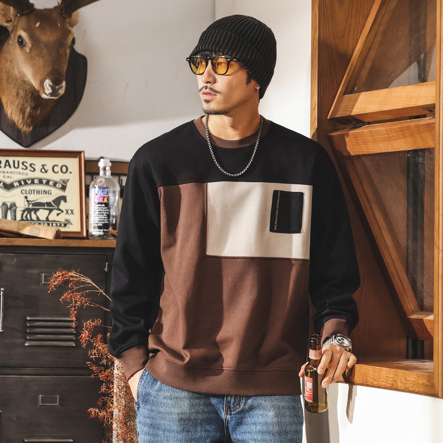 美式復古390g重磅衛衣男春秋款寬鬆大碼潮牌拼接休閒男生秋季上衣