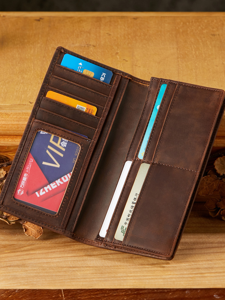 手工真皮男士錢包超薄長款牛皮多卡位皮夾兩折瘋馬皮簡約復古男包
