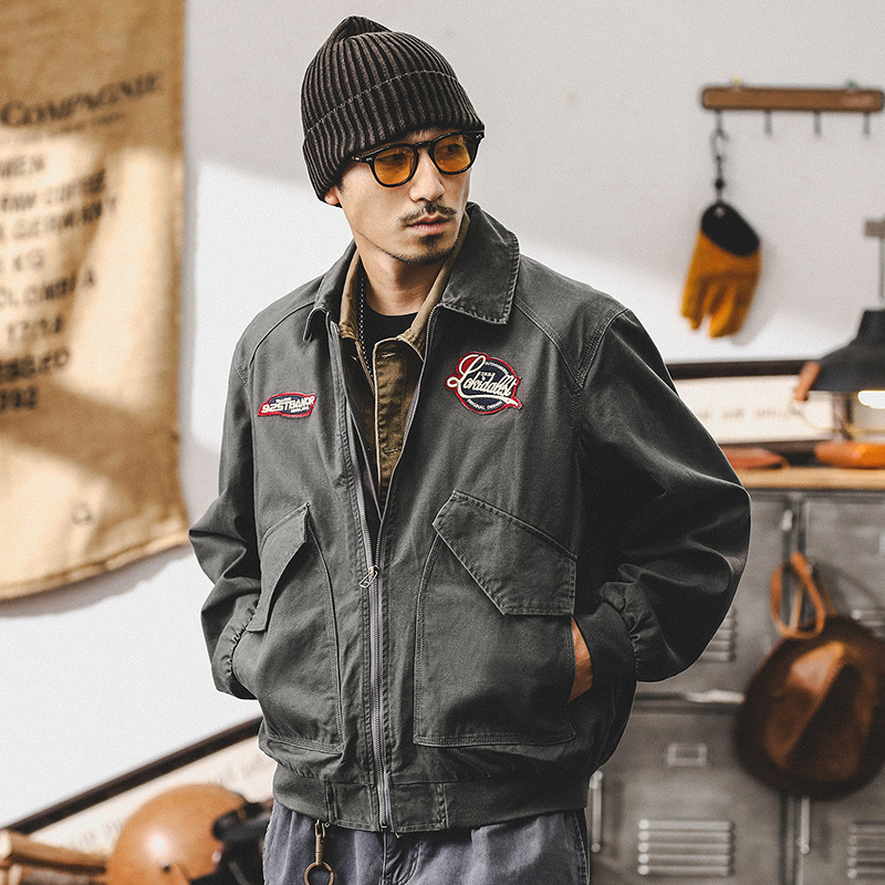 美式經典復古底特律工裝外套男春秋款潮牌寬鬆休閒痞帥飛行員夾克