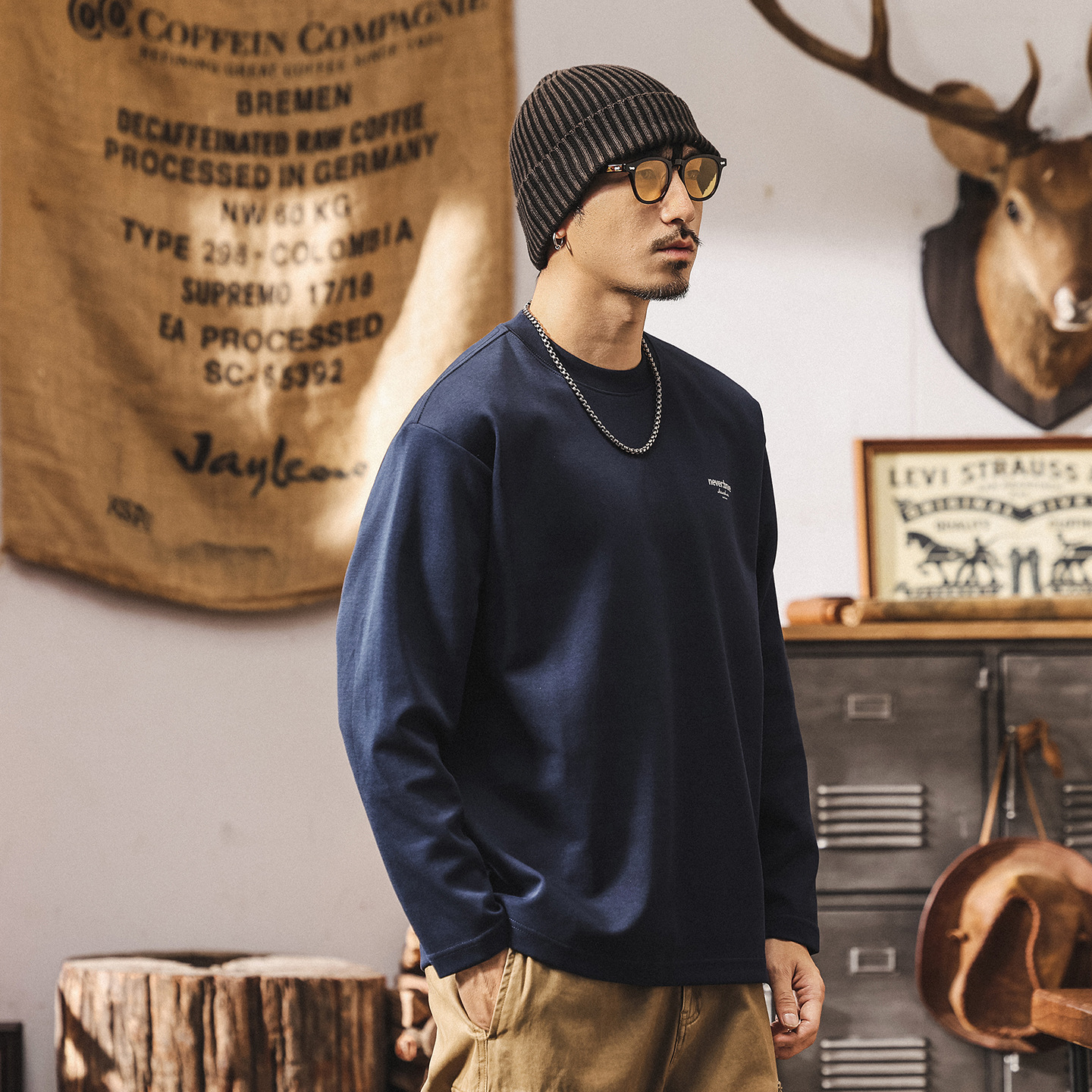 美式重磅復古長袖t恤男2025新款秋季潮流簡約寬鬆大碼休閒上衣男