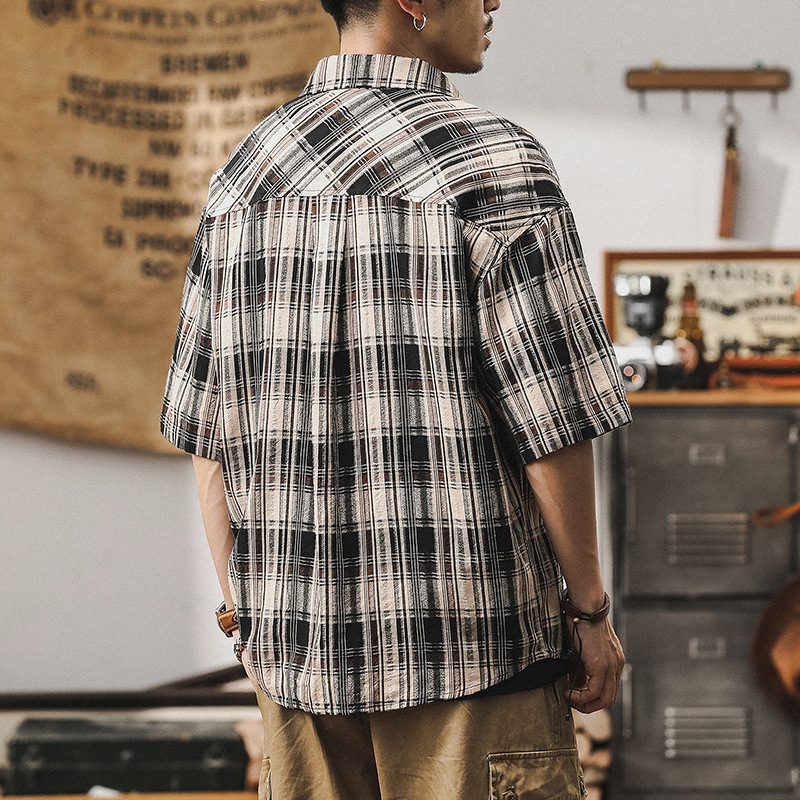 美式復古格子襯衫男高級感2024新款寬鬆潮牌短袖男夏季沙灘襯衣男