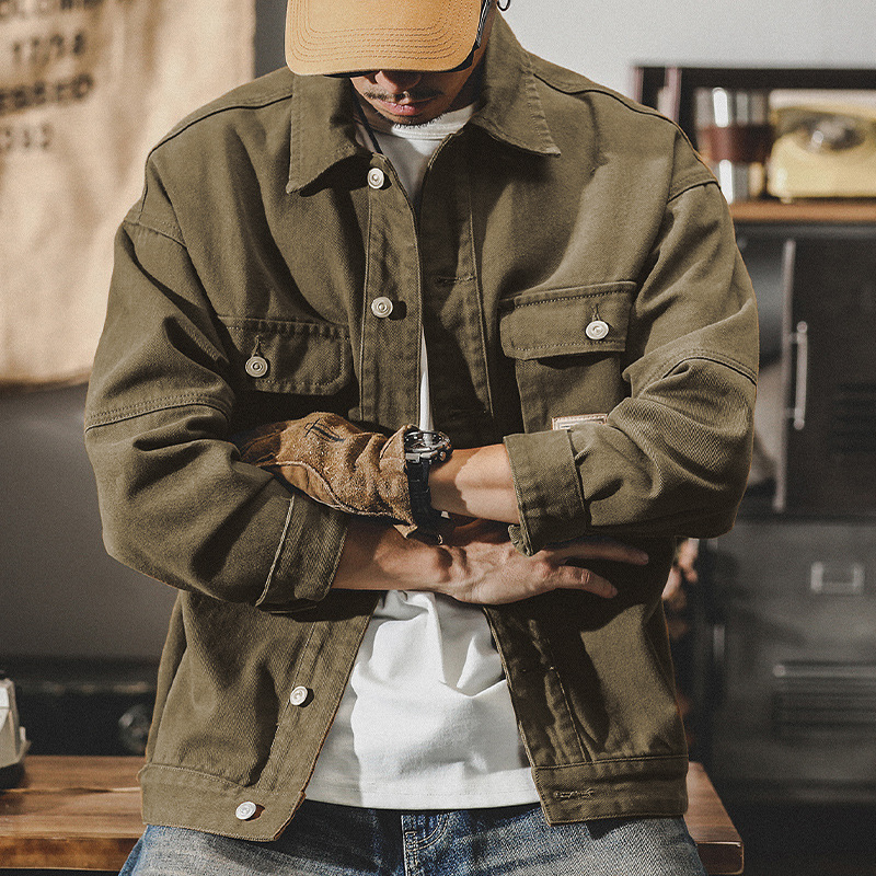 美式重磅復古牛仔外套男秋冬款潮牌潮流冬季加絨加厚工裝棉服夾克