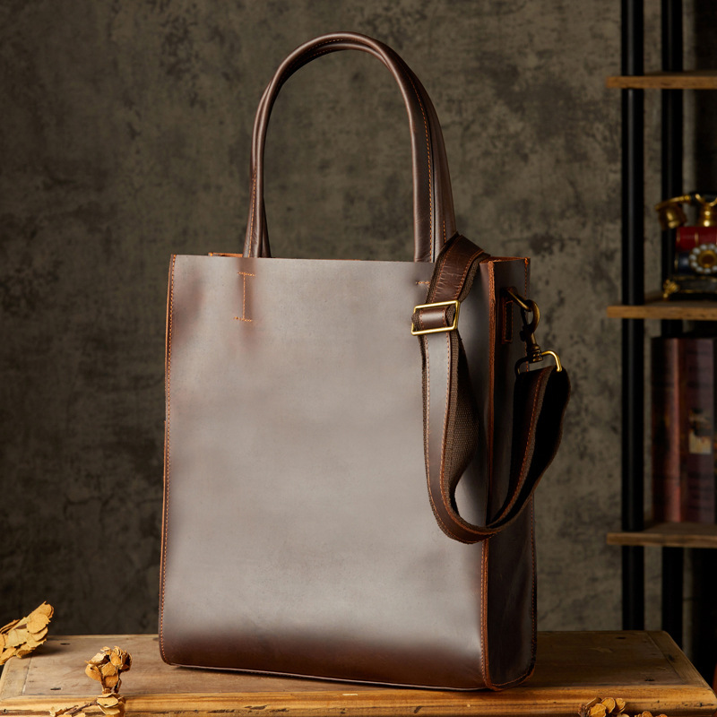 手工頭層牛皮商務通勤手提包男士單肩斜挎包復古瘋馬皮豎款公文包