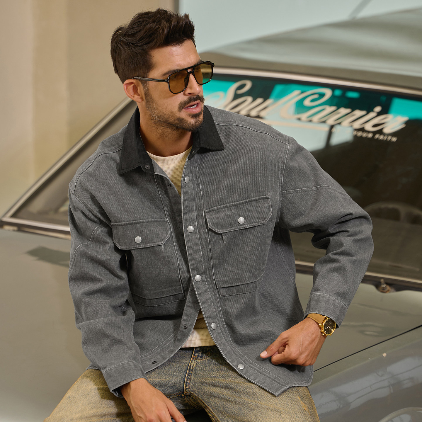 美式復古工裝襯衫男春季2026新款寬鬆硬漢帥氣獵裝夾克外套男春秋