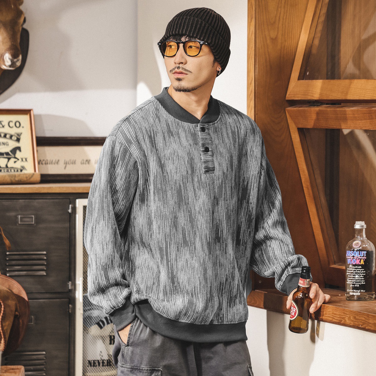 美式復古亨利領重磅衛衣男春秋新款潮牌寬鬆大碼潮流紫色男士上衣