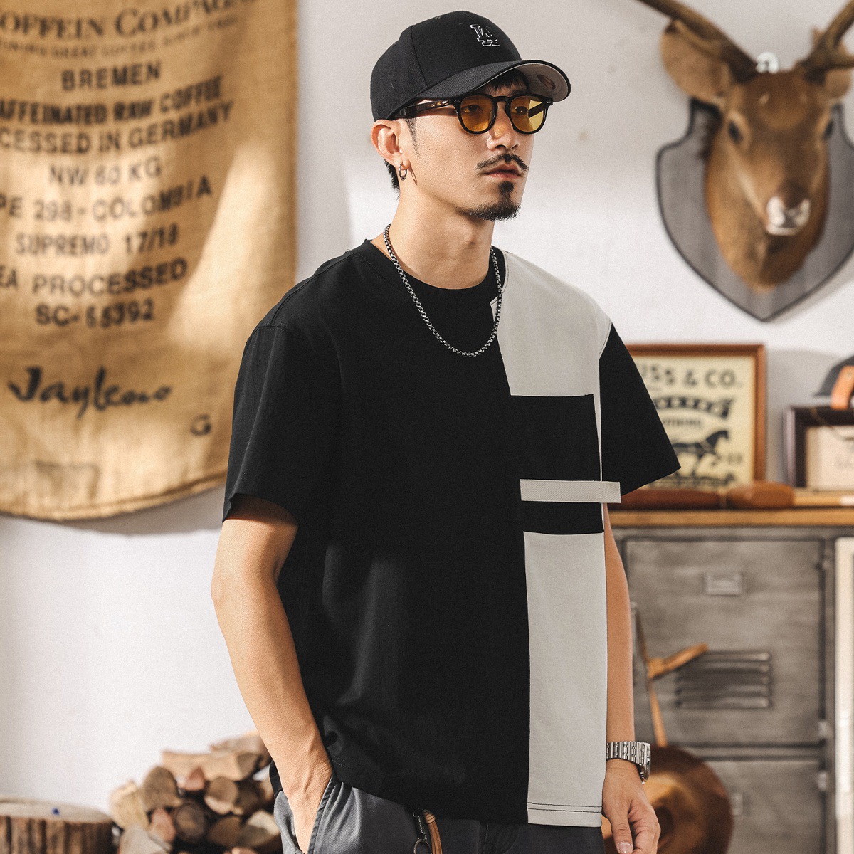 夏季新款T恤男短袖2025潮牌美式復古拼色寬鬆半袖男生體恤上衣潮T