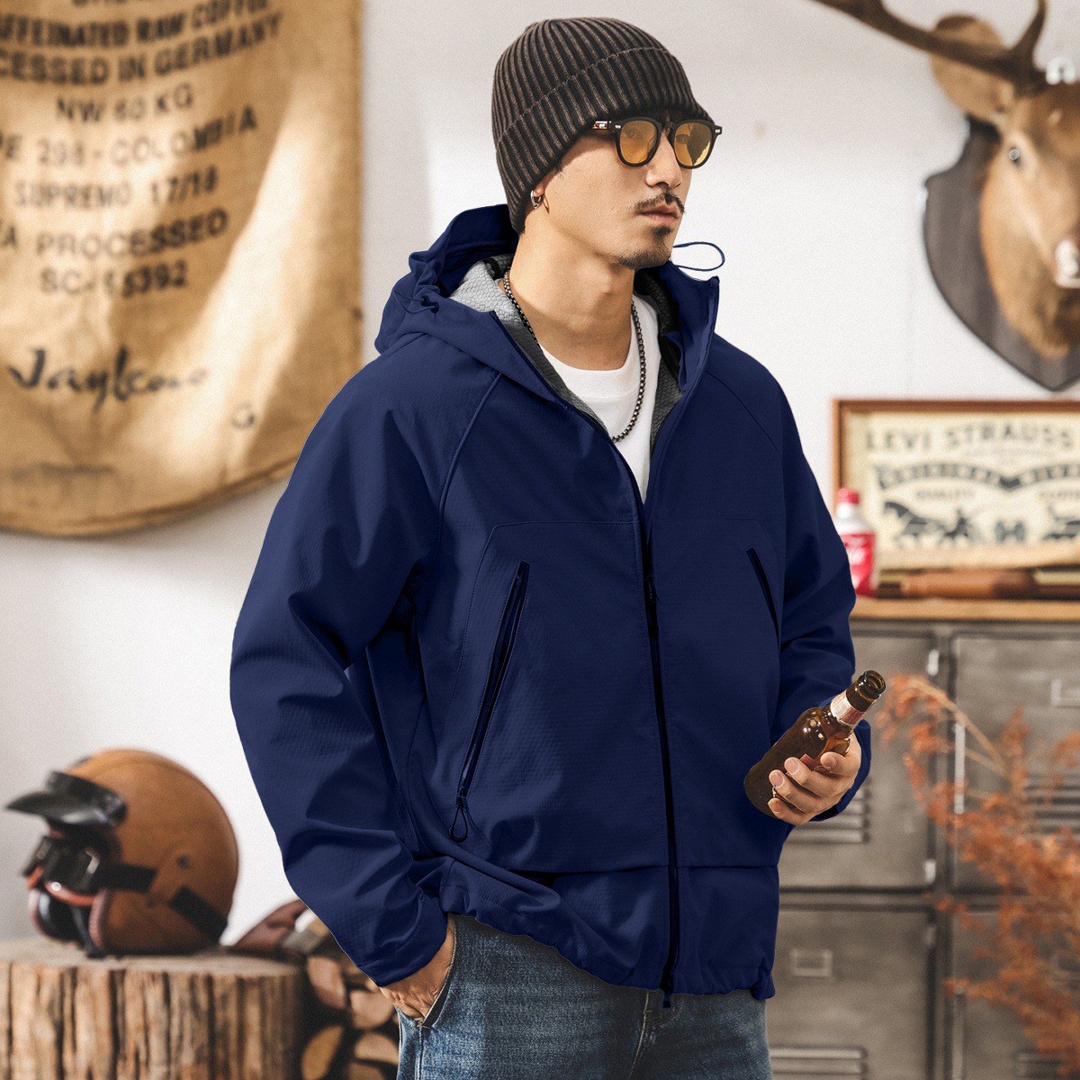 美式山系戶外壓膠衝鋒衣外套男春秋新款防風鎖溫方格登山工裝夾克