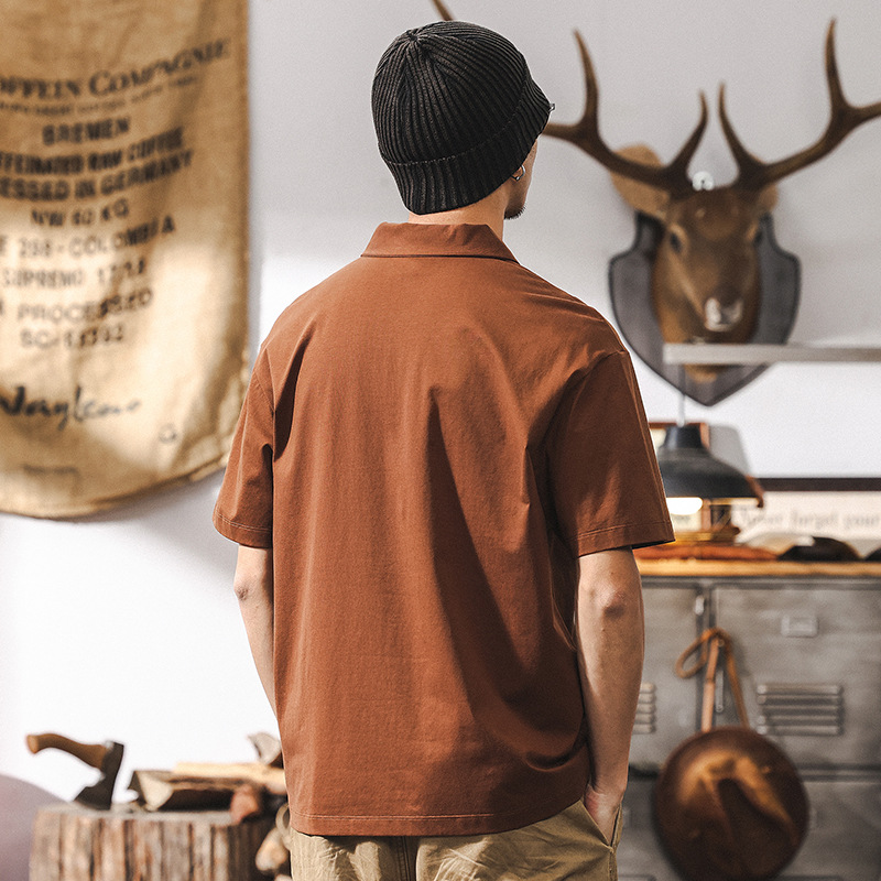 美拉德復古短袖男夏季T恤男美式2025新款寬鬆半高拉鍊男士polo衫