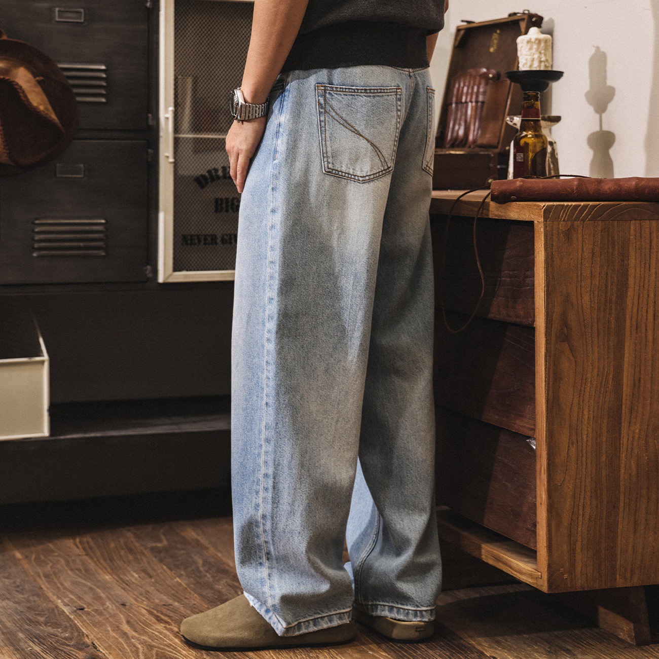 美式復古水洗磨白闊腿牛仔褲男款2026新款春季潮牌寬鬆休閒直筒褲