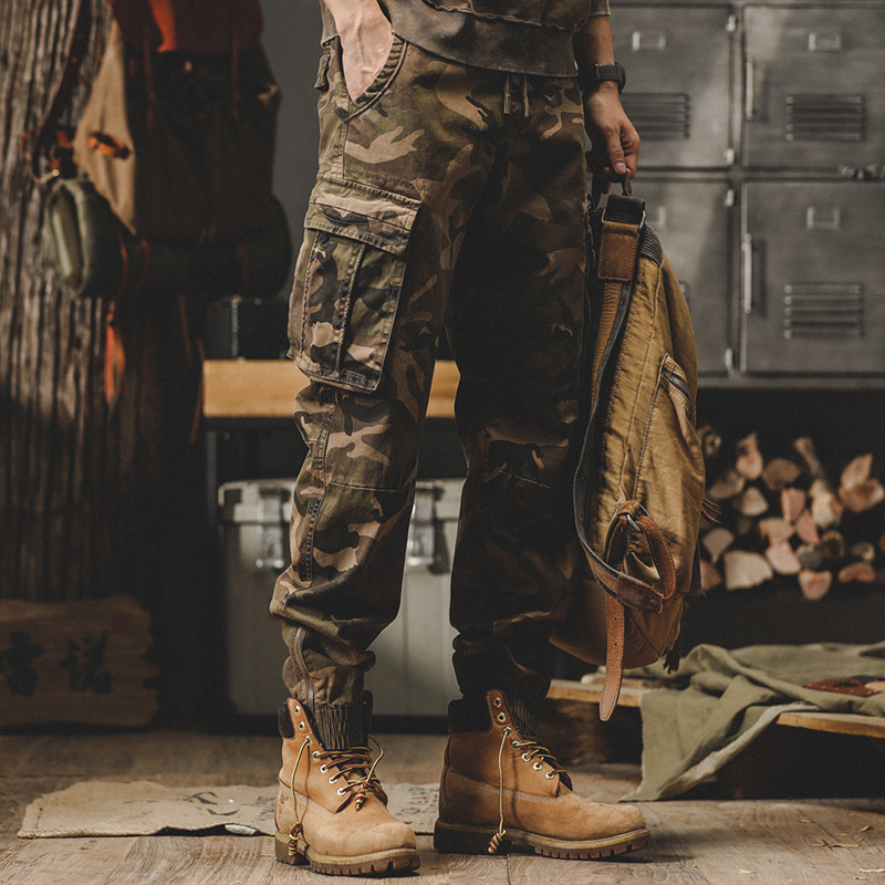 美式復古迷彩工裝褲子男寬鬆直筒2024年新款山系戶外通勤休閒褲男