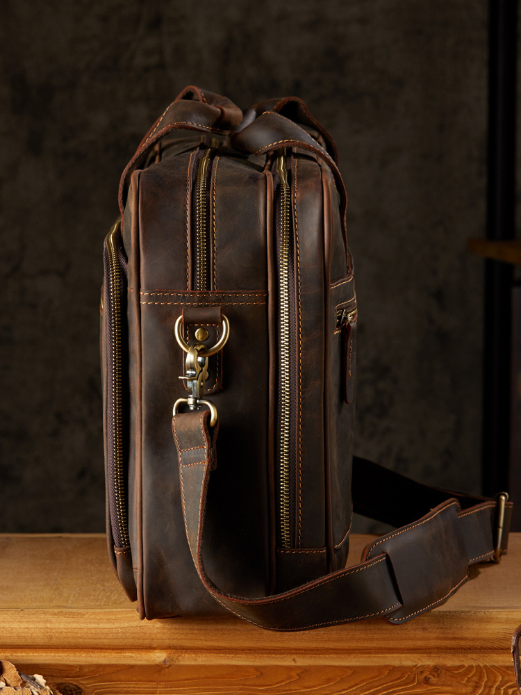 手工復古瘋馬皮手提包大容量電腦包男士單肩斜挎包真皮商務公文包