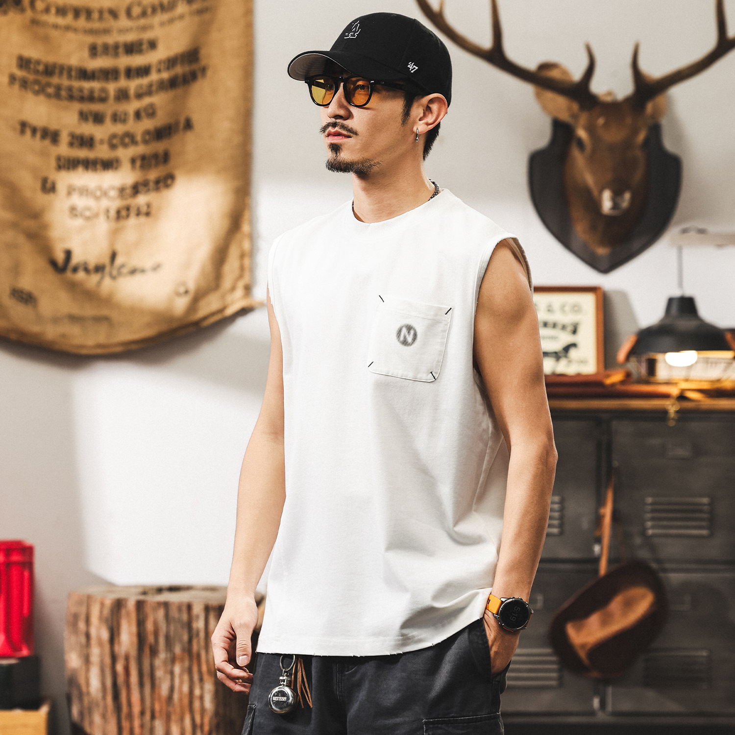 美式復古透氣運動健身背心男夏季無袖男T恤寬鬆白色坎肩上衣