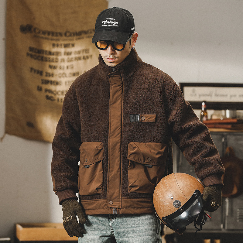 美式重磅羊羔絨棉服外套男冬季2023年新款寬鬆潮牌加絨加厚棉襖男