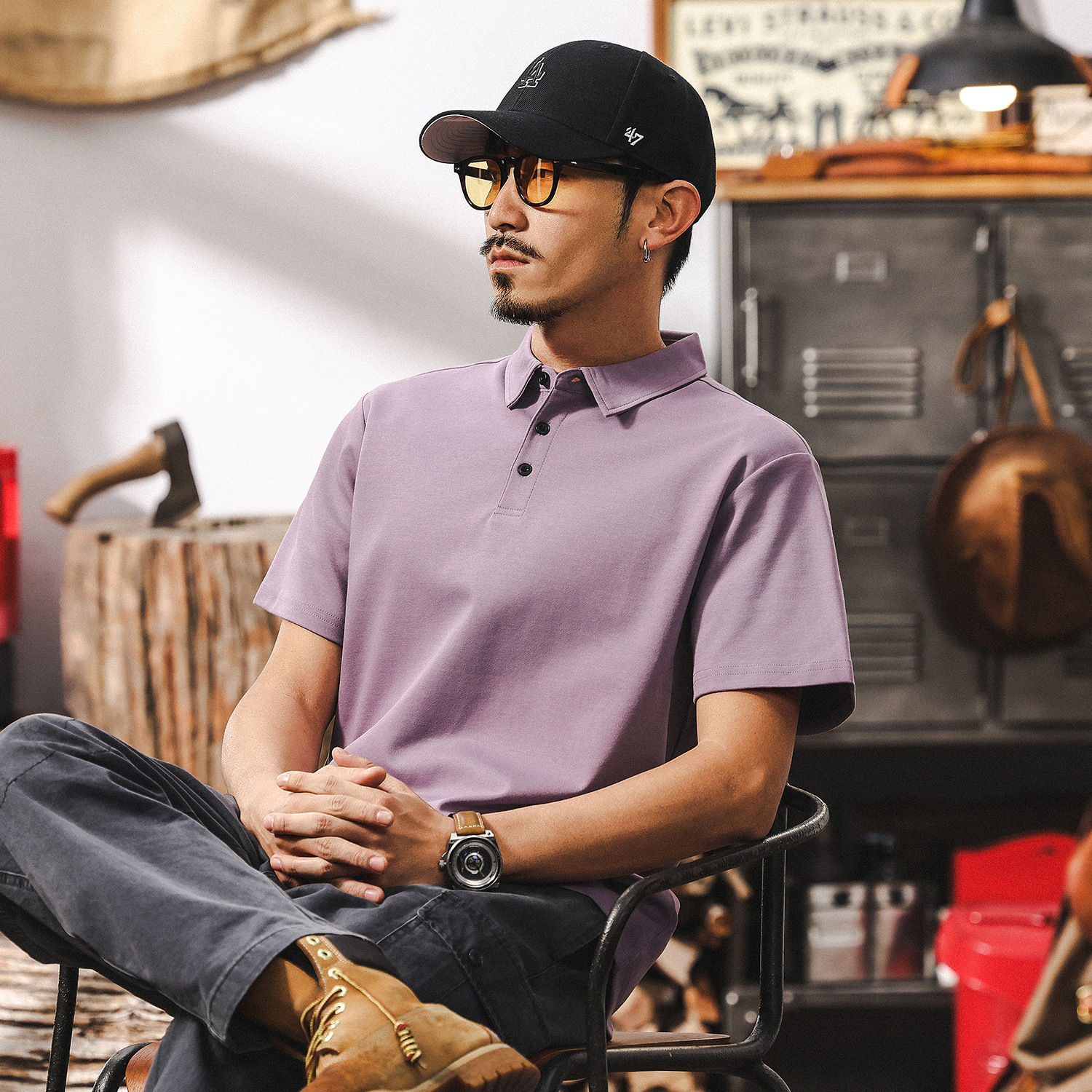 索羅娜冰氧棉夏季T恤男涼感速乾短袖男款潮牌紫色涼感男士POLO衫