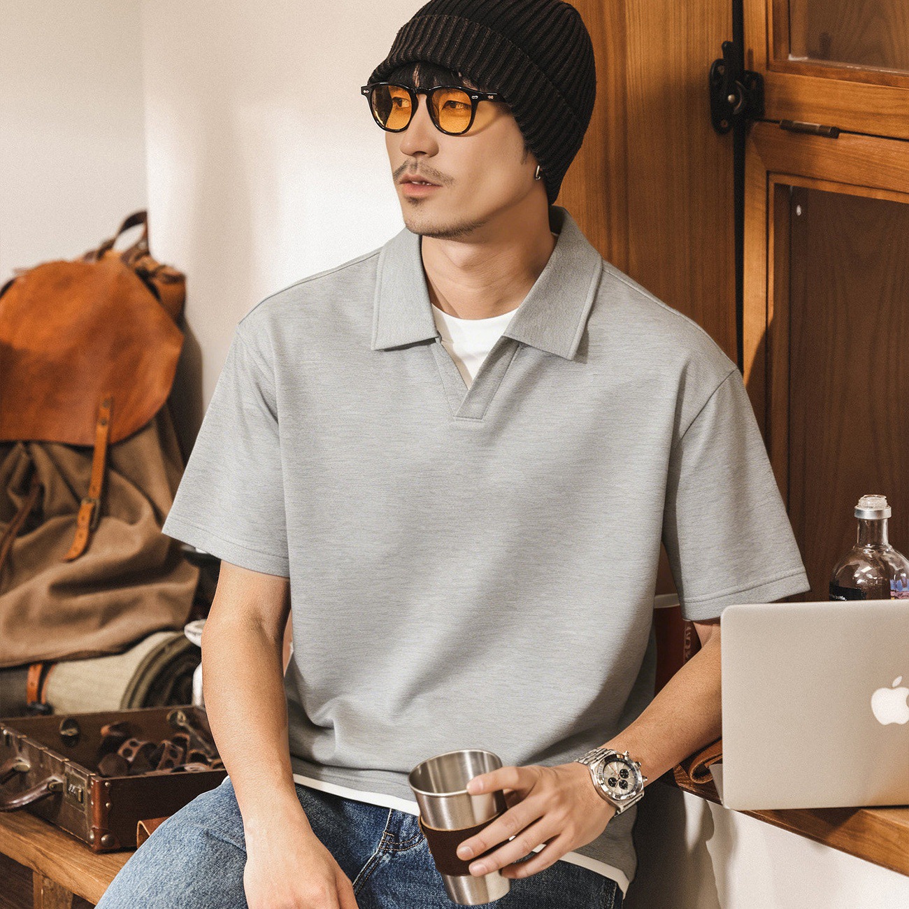 美式復古假兩件Polo衫男短袖2026新款夏季男裝寬鬆休閒潮牌T恤男