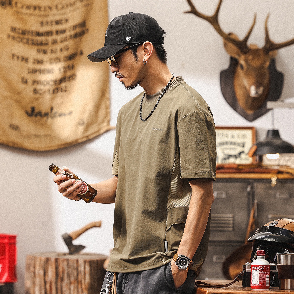 薄款運動速乾短袖男款夏季綠色戶外機能風T恤男美式復古寬鬆上衣