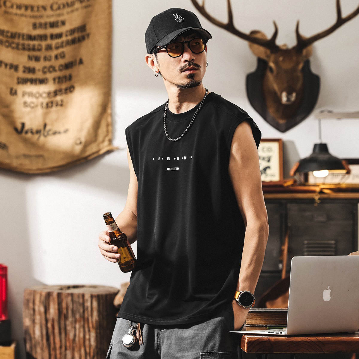 軟糯高級感桑蠶絲無袖T恤男夏季潮牌親膚萊賽爾寬鬆運動健身背心