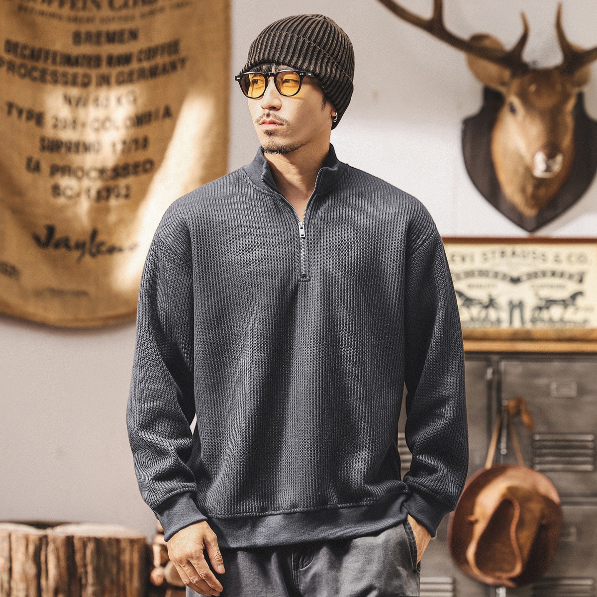 美式復古550g重磅半高領衛衣男春秋新款寬鬆潮牌衣服男士秋季外套