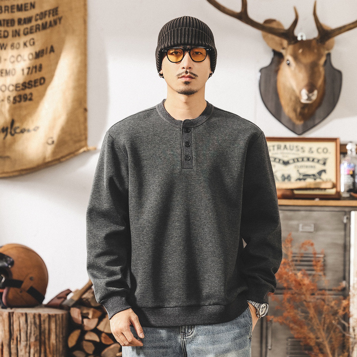 美式復古亨利領衛衣男2026新款春季300g重磅寬鬆休閒男士長袖上衣