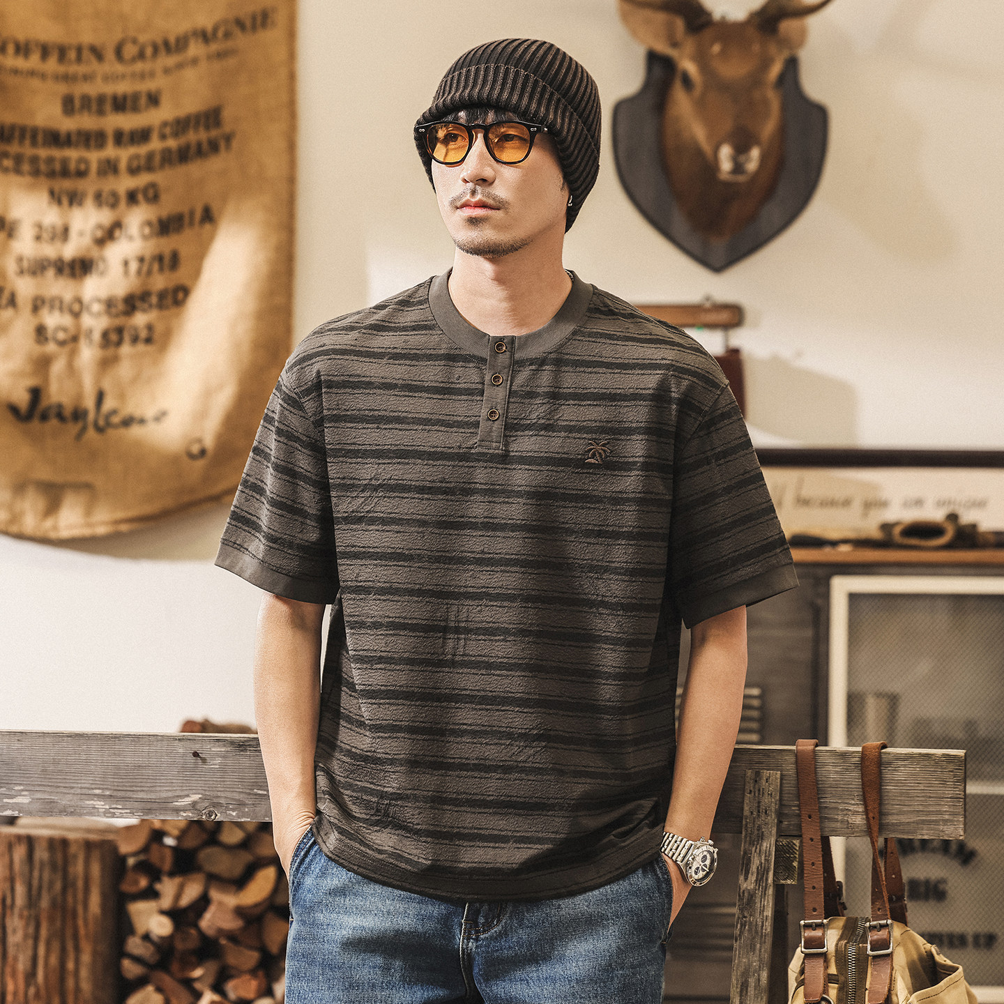 美式復古半開襟亨利領Polo衫男短袖夏季新款老錢風寬鬆條紋T恤男