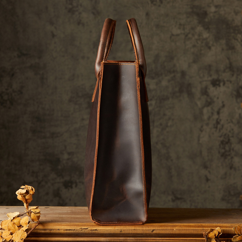 手工頭層牛皮商務通勤手提包男士單肩斜挎包復古瘋馬皮豎款公文包