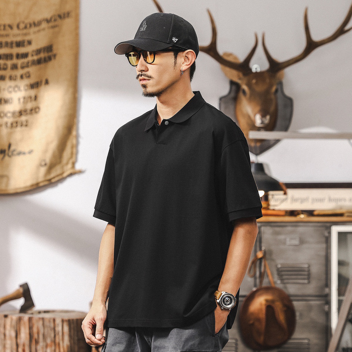 美式復古華夫格肌理短袖男夏季索羅娜涼感T恤潮牌高級感POLO衫男